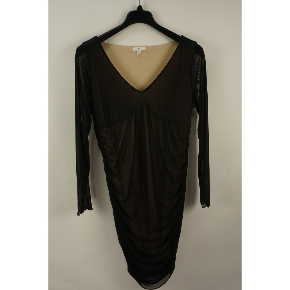 New BP. Ruched Bodycon Midi V-Neck Dress Womens 1X Black Lined Semi-Sheer Shell